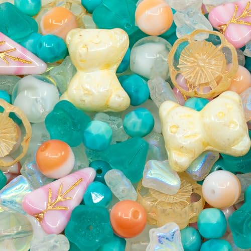 1.4oz (40g) Limited Mix of Czech Glass Beads, Hand Made Set Kit, Pink Turquoise Beige Cute Bear