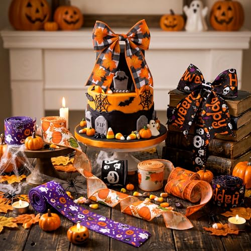 12 Rolls 60 Yards Halloween Fall Wired Ribbon for Wreath Bow Craft (12 Count)