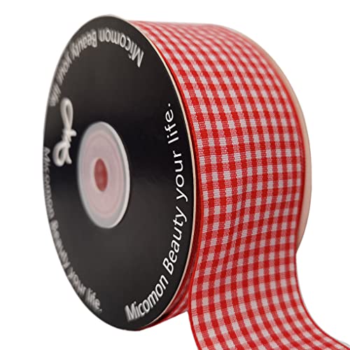 1.5 Inch Red and White Woven Edge 100% Polyester Gingham Ribbon 25 Yards Each Roll (75 Feet)