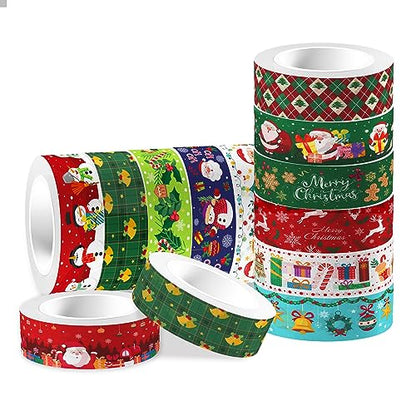 12 Pcs Christmas Washi Tape Merry Christmas Print Masking Tape Christmas Tree Snowman Santa Claus Pattern Decorative Paper Sticker for Christmas Party Holiday Scrapbook Handbook Sticker (12 Count)