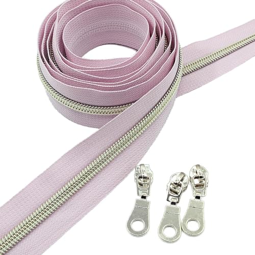 5 Metallic Nylon Coil Zippers by The Yard Bulk 10 Yards Light Gold Teeth Zipper Pink Tape with 25pcs Gold Sliders for DIY Sewing Tailor Craft Bag