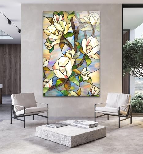 10Wx12H'' Stained Magnolia Glass Wall Art Tempered Glass Printing Wall Decor Large Wall Art Wall Hangings