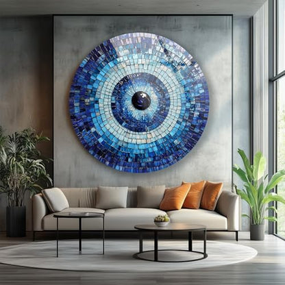 39,4''(100cm) Diameter Blue Mosaic Evil Eye Round Glass Wall Art Tempered Glass Printing Wall Decor Large Wall Art Wall Hangings