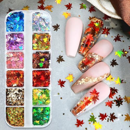 Thanksgiving Glitters Nails Sequins Fall Nail Glitter Sequins Autumn Maple Leaf Flakes Design Nails Charms Holographic Mixed Color 3D Confetti Maple Leaves Nails Glitter for Women (2 Ounce)