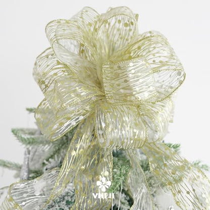 Gold Wired Ribbon 2.5 Inch Sheer Wired Christmas Ribbon with Horizontal Stripes and Polka Dots Christmas Ribbons Organza Wire 25 Yards Organza Sheer Ribbons for Gift Wrapping (75 Foot)
