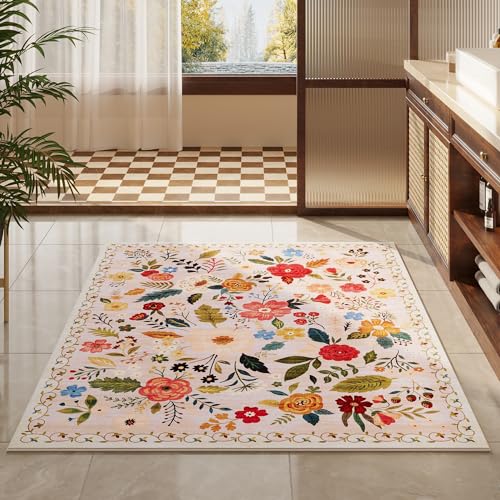 Area Rug 4x6 Rug Washable Boho Rugs Non Slip Low Pile Floral Small Carpet for Bedroom