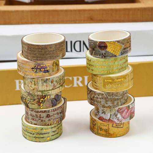 12 Rolls Charming Washi Tape Set Gold Silver Foil Detailing Arts Adhesive Tapes Basic Patterns Decorative Masking Tape Sets for Craft (12 Count)