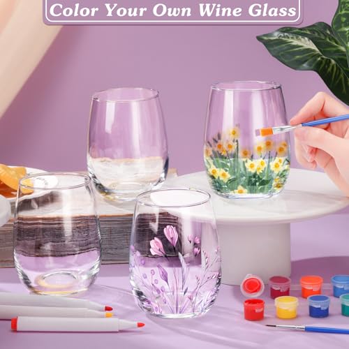 4 Sets Crafts Gift Paint Your Own Wine Glass 15 oz Painting 12 Pcs DIY Markers 12 Colors Acrylic Paint with Brushes to Design Your Own Personalized Craft (16 Count)