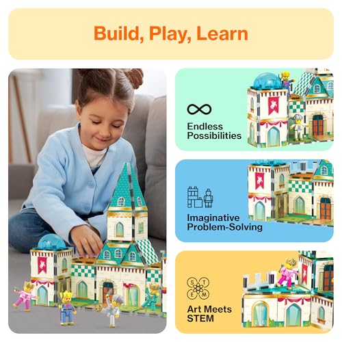 70pc Middle Age Medieval and Castle Theme Tile 2in1 8 Character Action Figures Magnet Tiles Building Block Pretend Magnetic Play Fine Motor Skill STEM Educational Construction Age3+ PTQ01