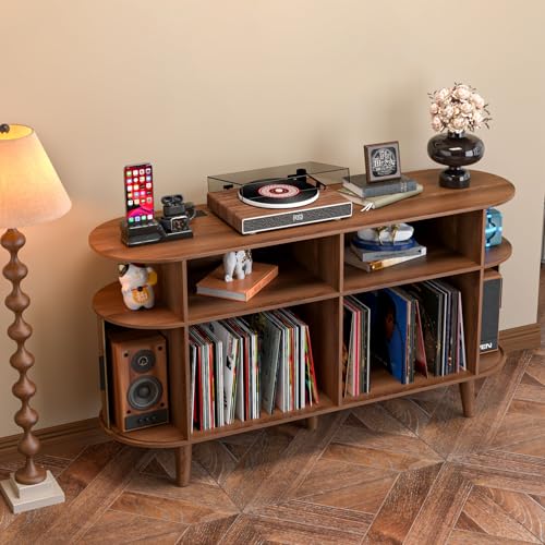 Large Round Record Player Stand with Charging Station & USB Ports