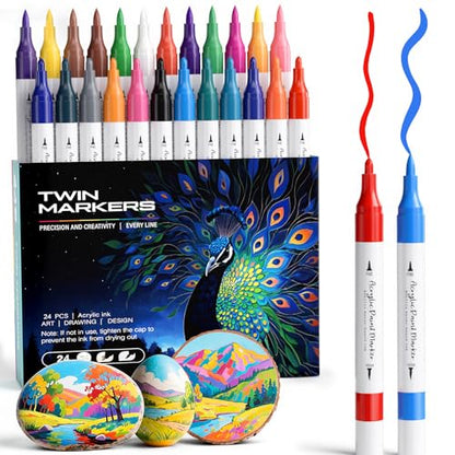 24 Colors Dual Tip Brush & Fine Acrylic Paint Markers