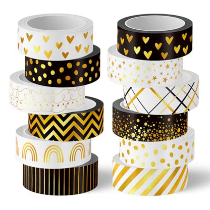 12 Rolls Gold Foil Pattern Washi Tape Heart Dot Stripe Rainbow Masking Tape Set Decorative Wrapping Paper Tapes for Scrapbook Journal DIY Art Crafts (12 Count)