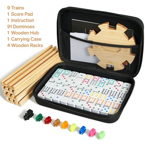 Mexican Train Double 12 Dominoes Set with 4 Wooden Trays