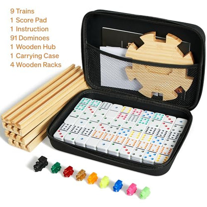 Mexican Train Double 12 Dominoes Set with 4 Wooden Trays