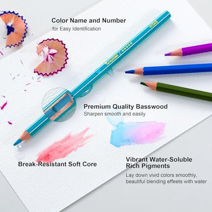 72 Color Professional Watercolor Pencils Set with Brush and Water Brush Pen (72 Count)