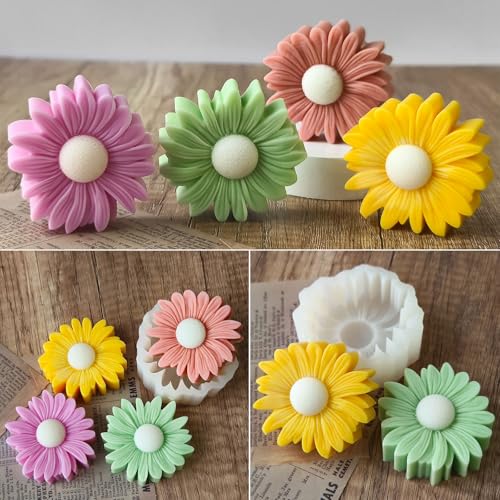 2PCS Thick Daisy Flower Candle Molds for Candle Making Daisy Flower Silicone Fondant Chocolate Cake Decor Molds 3D Floral Resin Candle Soap Polymer Clay Mold DIY Art Craft Table Home Decor (2 Count)