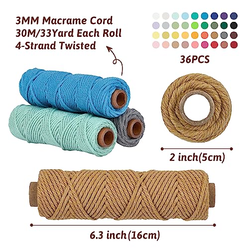 36 Colors Macrame Cord 3mm x 1188 Yards Natural Colored Macrame Supplies 4 Strand Twisted Macrame Kit Cotton Cord Rope Macrame Yarn Twine String for Crafts Wall Hanging Plant Hanger DIY Knitting (3564 Foot)