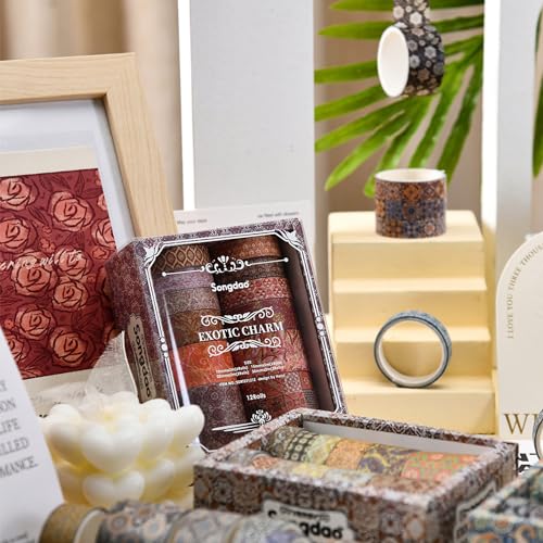 12 Rolls Exotic Charm Washi Tape Set Floral Arts Adhesive Tapes Geometric Garden Decorative Masking Tape Sets for Craft (12 Count)