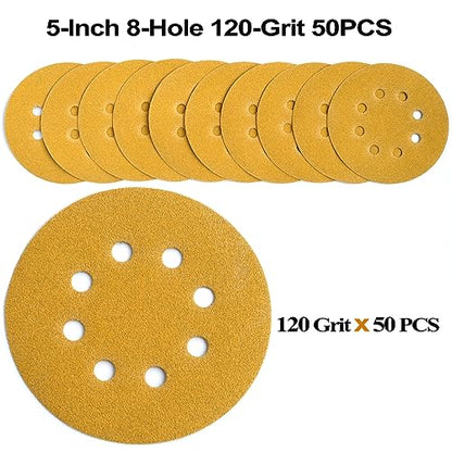 5-Inch 8-Hole Hook and Loop Sanding Discs 120-Grit, 50-Pack (50 Count)