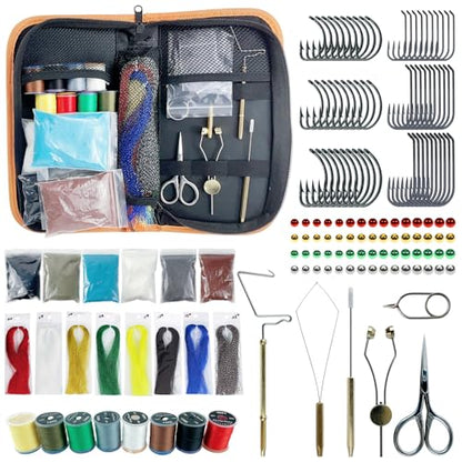 Fly Tying Kit Material Tools Kit Bobbin Fly Hooks Scissors Fly Beads Threader Needle Whip Finisher Fly Fishing Flies Starter Making Kit 149Pcs with Carry Bag (149 Count)