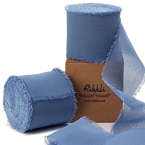 Dusty Blue Chiffon Ribbon 2 Inch x 20 Yard Handmade Fringe Chiffon Silk Ribbon Dusty Blue Ribbon for Gifts Wrapping (60 Foot)
