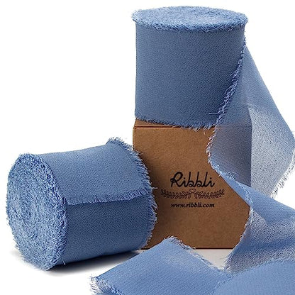 Dusty Blue Chiffon Ribbon 2 Inch x 20 Yard Handmade Fringe Chiffon Silk Ribbon Dusty Blue Ribbon for Gifts Wrapping (60 Foot)