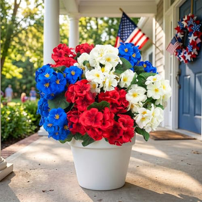 12 Pcs Artificial Geranium Flowers for Outdoors Geranium Silk Red White Blue Flowers Outdoor UV Resistant Plants Faux Patriotic Flowers for 4th of July Home Decor