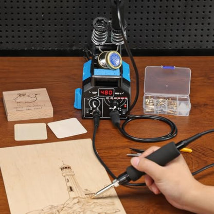 939D-II 2-IN-1 Wood Burning Kit 86-IN-1 with 51 Solid Points and 20 Wire Nibs Wood Burner with 2 Letter Number Stencils, 2 Unfinished Wood, 1 Pen Holder, Burning Tool