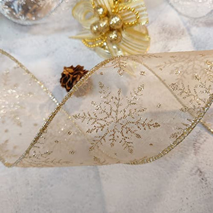 Organza with Champagne Gold Glitter Snowflakes Wired Ribbon 2.5 inch x 50 Yards for Christmas Home Decor Tree Topper Bow Gift Wrapping DIY Crafts Wreath Garland Wedding (150 Foot)