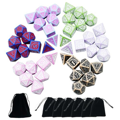 Retro Polyhedral Dice Sets with Pouches for D&D DND RPG MTG Dungeon and Dragons Table Board Roll Playing Games D4 D6 D8 D10 D% D12 D20
