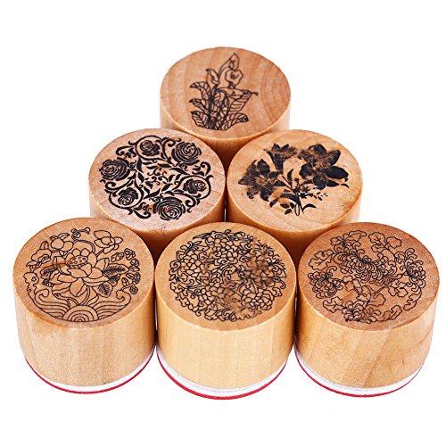 CCINEE 6pcs Round Rubber Stamps Floral Pattern Wooden Stamps for Christmas Scrapbooking Cards and Crafts Making (6 Count)