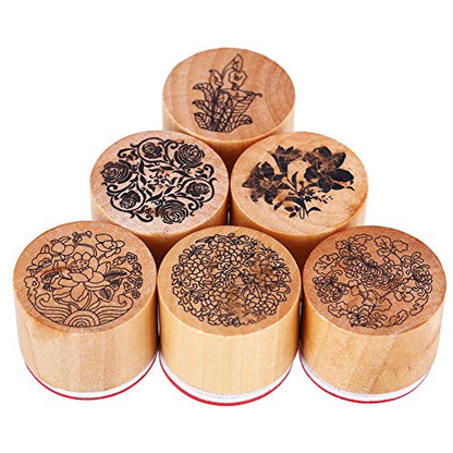 CCINEE 6pcs Round Rubber Stamps Floral Pattern Wooden Stamps for Christmas Scrapbooking Cards and Crafts Making (6 Count)