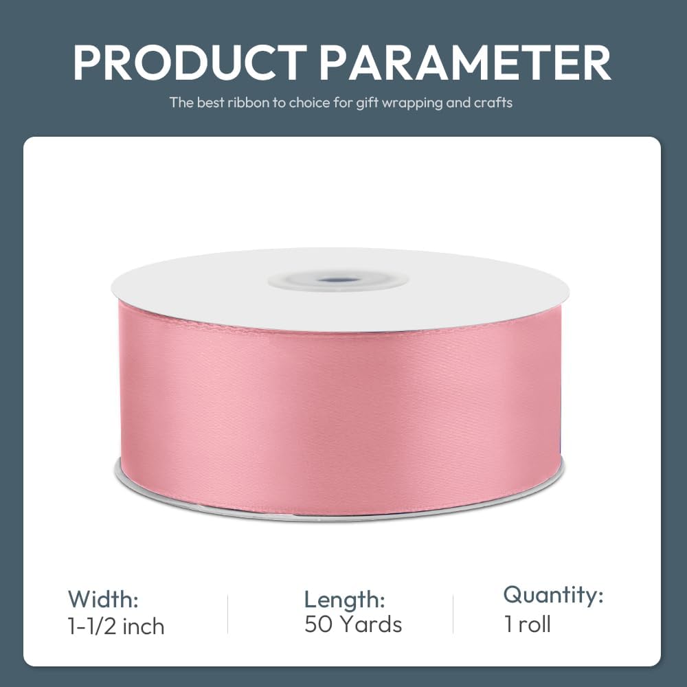 KMER LIFE 1-1/2" Wide x 50 Yards Pink Single Faced Polyester Satin Ribbon, Pink Satin Ribbon Perfect for Wedding Decor, Wreath, Crafts, Gift Wrapping & Other Projects (Pink) - Crafty Corner