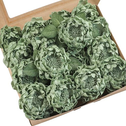 Artificial Flowers 16pcs 4" Elf Green Blooming Peonies Real Looking Foam Fake Peony with Stems for DIY Wedding Bouquets Sage Green Bridal Shower Centerpiece Floral Arrangement Table Decoration (16 Count)