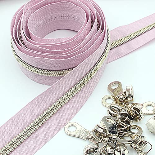5 Metallic Nylon Coil Zippers by The Yard Bulk 10 Yards Light Gold Teeth Zipper Pink Tape with 25pcs Gold Sliders for DIY Sewing Tailor Craft Bag