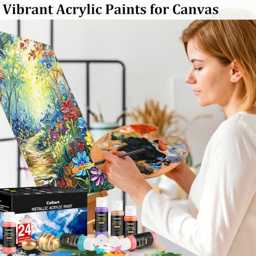 24 Colors Acrylic Metallic Paint Set with 12 Brushes (48 Fl Oz)