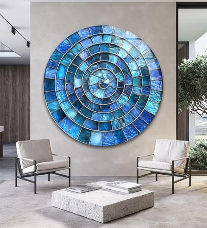 31.5''(80cm) Diameter Blue Aqua Spiral Harmony Round Glass Wall Art Tempered Glass Printing Wall Decor Large Wall Art Wall Hangings
