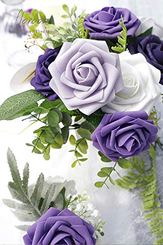 Artificial Flowers 25pcs Real Looking Violet Purple Ombre Colors Foam Fake Roses with Stems for DIY Wedding Bouquets Bridal Shower Centerpieces Party Tables Home Decorations (25 Count)