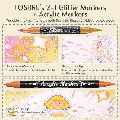 72 Colors 48 Pack Dual Tip Glitter Markers & Acrylic Markers Set (48 Count)