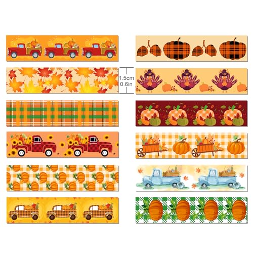 12 Pcs Thanksgiving Print Masking Tape Fall Maple Leaf Washi Tape Pumpkin Pattern Decorative Paper Sticker for Fall Party Holiday Scrapbook DIY Craft Gift Wrapping Handbook Sticker (12 Count)