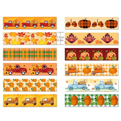 12 Pcs Thanksgiving Print Masking Tape Fall Maple Leaf Washi Tape Pumpkin Pattern Decorative Paper Sticker for Fall Party Holiday Scrapbook DIY Craft Gift Wrapping Handbook Sticker (12 Count)