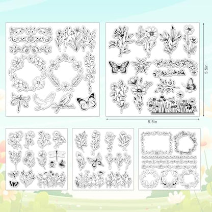 5 Sheets Wildflower Clear Stamps Floral Leaves Butterfly Silicone Transparent Stamps for DIY Craft Card Making Scrapbooking Embossing Album Decor (5 Count)