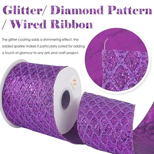 Purple Glitter Diamond Christmas Wired Ribbon 4 inch x 10 Yards (30 Foot)