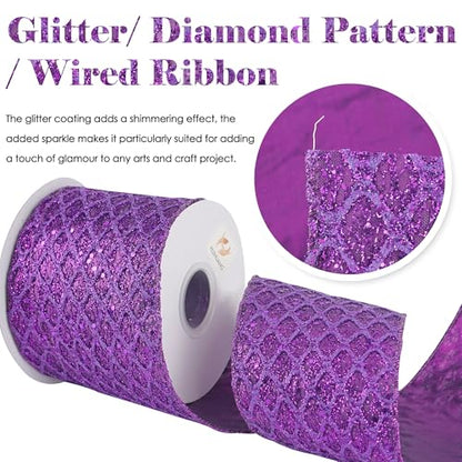 Purple Glitter Diamond Christmas Wired Ribbon 4 inch x 10 Yards (30 Foot)