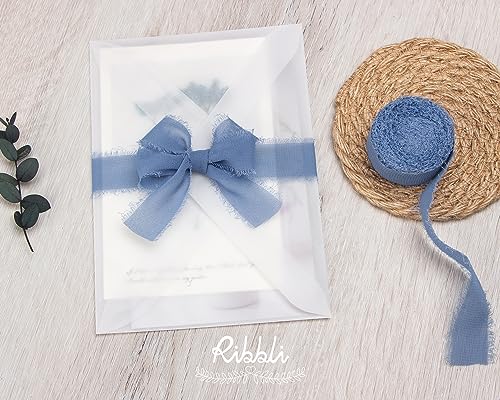 Dusty Blue Chiffon Ribbon 1 Inch x 20 Yard Handmade Fringe Chiffon Silk Ribbon Dusty Blue Ribbon for Gifts Wrapping (60 Foot)