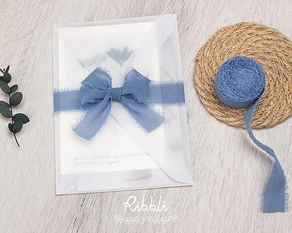 Dusty Blue Chiffon Ribbon 1 Inch x 20 Yard Handmade Fringe Chiffon Silk Ribbon Dusty Blue Ribbon for Gifts Wrapping (60 Foot)