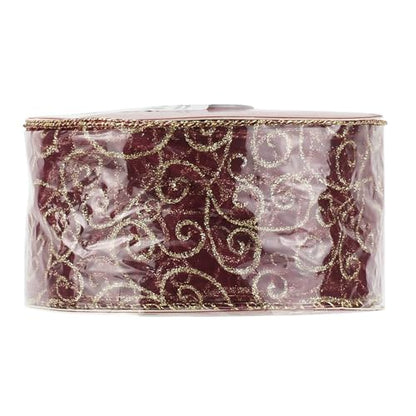 Red Gold Swirl Wired Ribbon 2.5 Inch Dark Red Sheer Ribbon with Gold Swirl Glitter Wired Organza Ribbons 25 Yards Burgundy Sheer Christmas Ribbons for Christmas Tree (75 Foot)