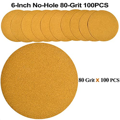 6-Inch No-Hole Hook and Loop Gold Sanding Discs 80-Grit, 100-Pack (100 Count)
