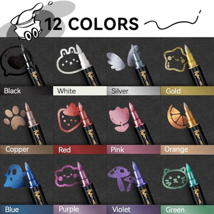 12Colors Metallic Paint Markers Brush and Fine Dual (12 Count)