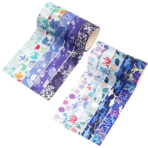 Blue Ocean Washi Tape Set 10 Rolls Bronzing Sea Decorative Masking Tapes for Scrapbooking (10 Count)